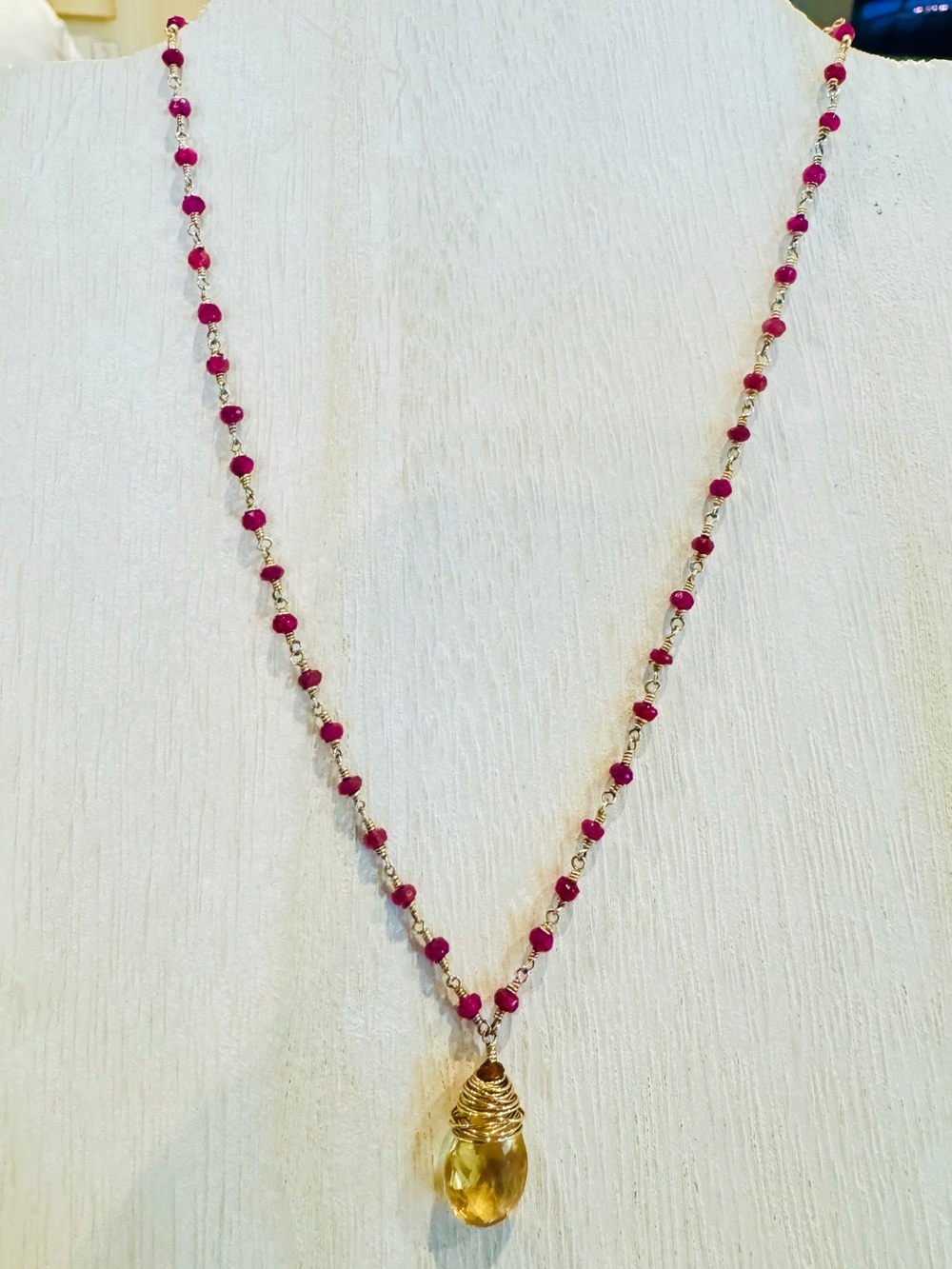 Natural Ruby with Golden Citrine Pendant, 14k gold-fill